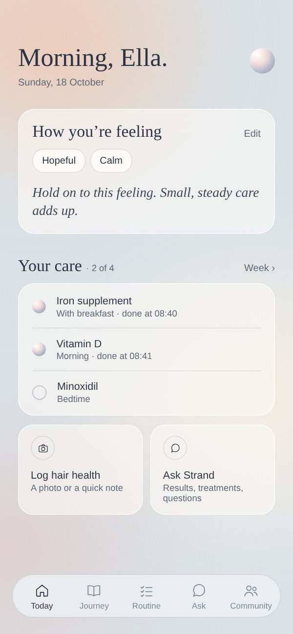 Strand Today screen: how you're feeling, your care for the day, and a daily thought